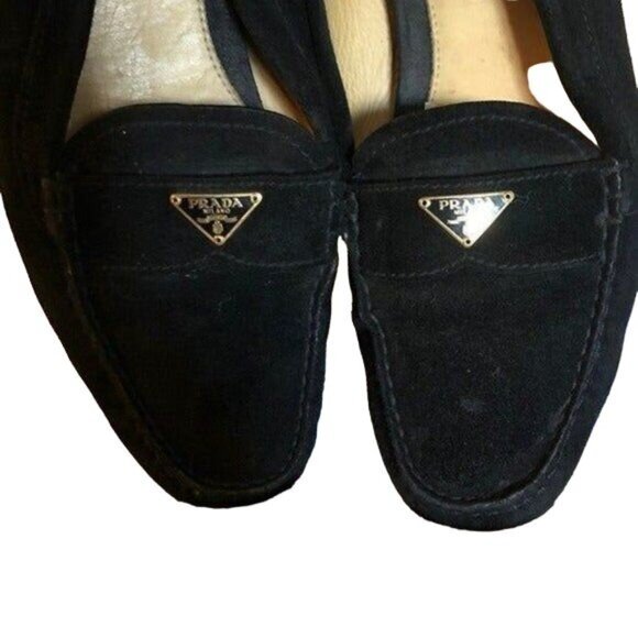 Prada Black Suede Metal Logo Drivers Penny Loafers Leather Flats Shoes 39 9 - Picture 7 of 8
